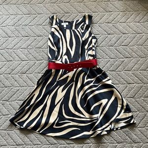 Tiger print cocktail dress with red belt. Worn once! Like new!